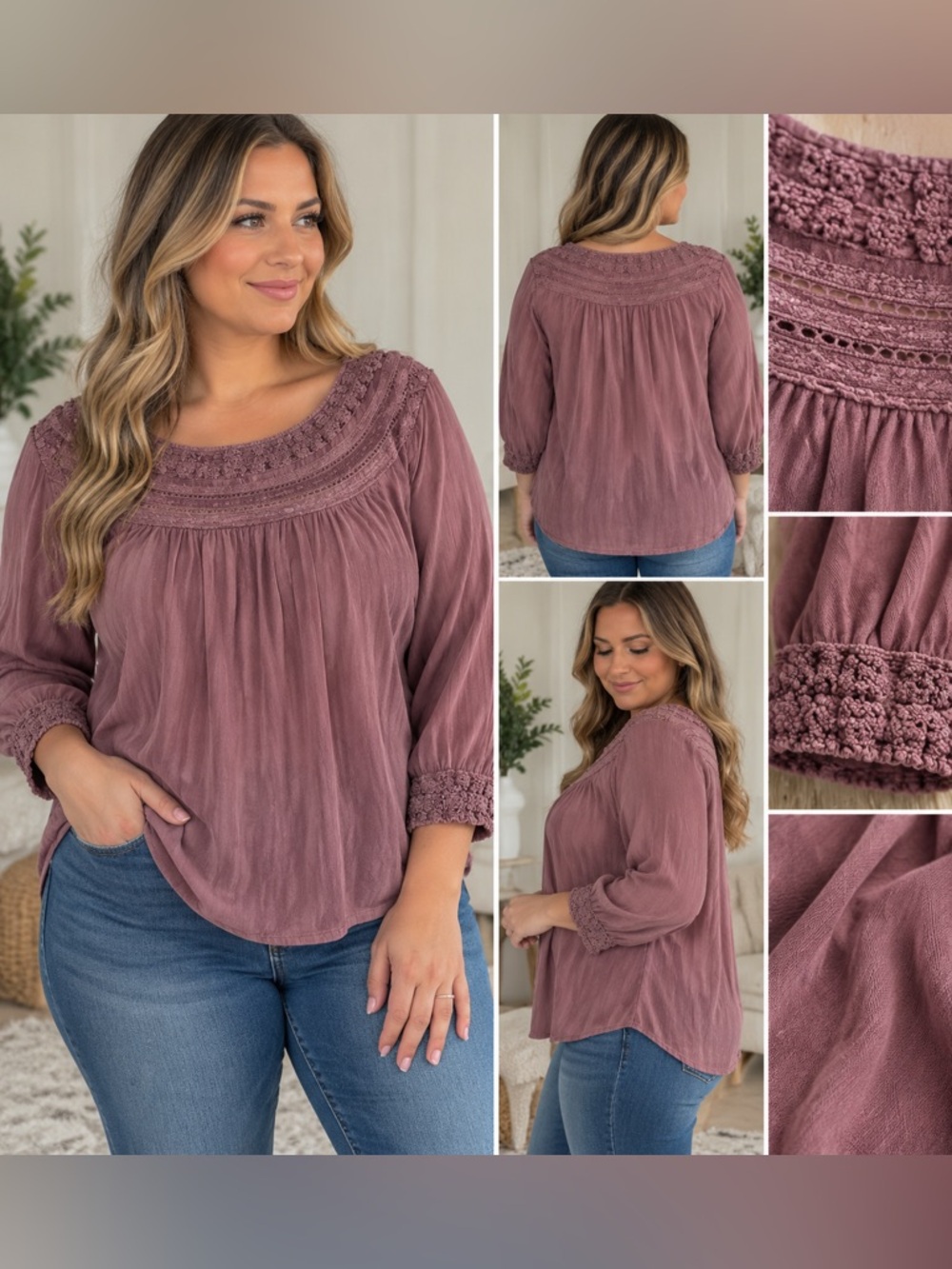 Torrid Size 1X Mauve Crochet Lace Boho Peasant Blouse Top